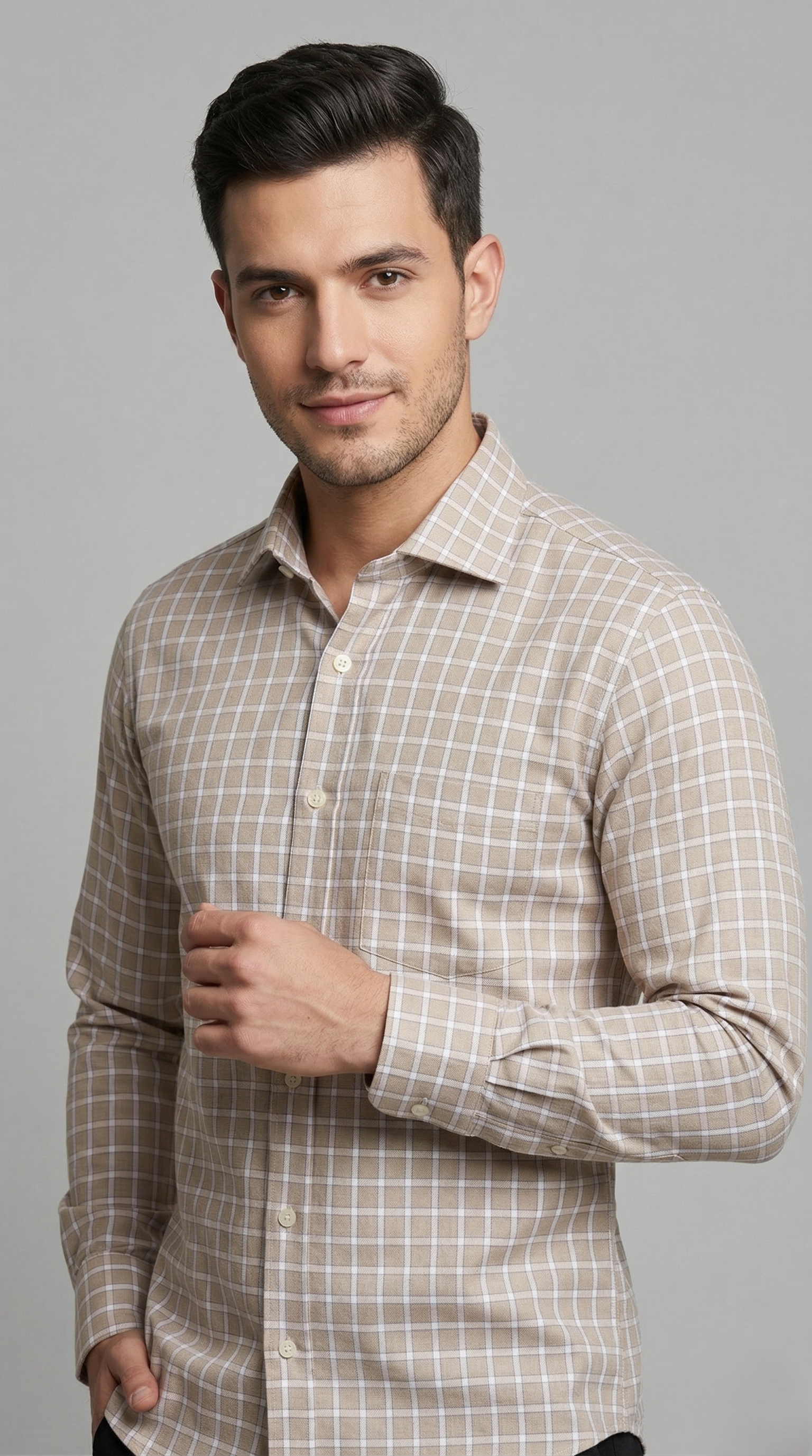 Camicia Uomo 1 Bottone Francese Cotone Quadro Grande NoIron Antimacchia