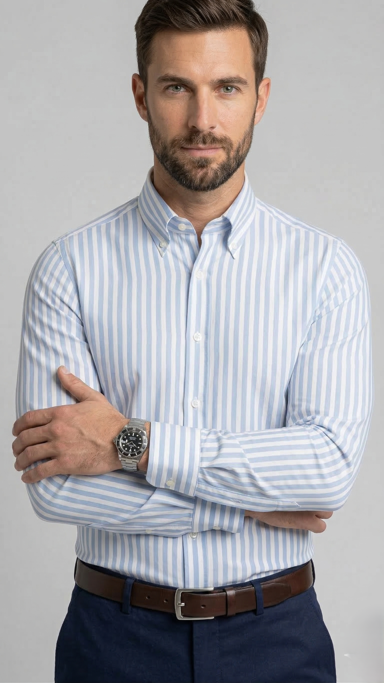 Camicia Uomo 1 Bottone Button Down Cotone Riga Larga NoIron Antimacchia