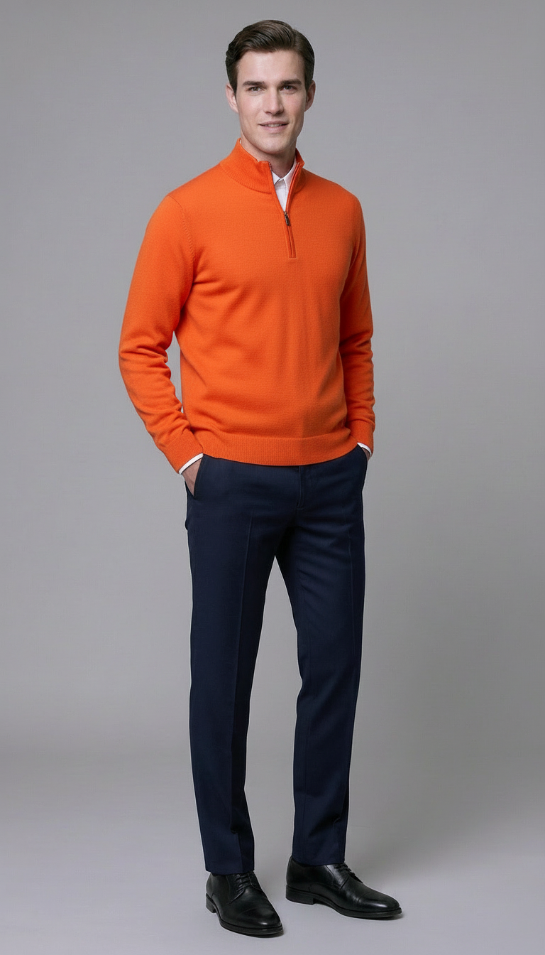 Maglia Uomo Mezza Zip Misto Cachemire Unito