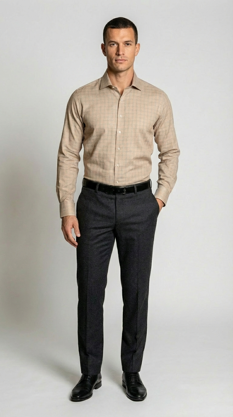 Camicia Uomo 1 Bottone Francese Cotone Pied de Poule NoIron Antimacchia