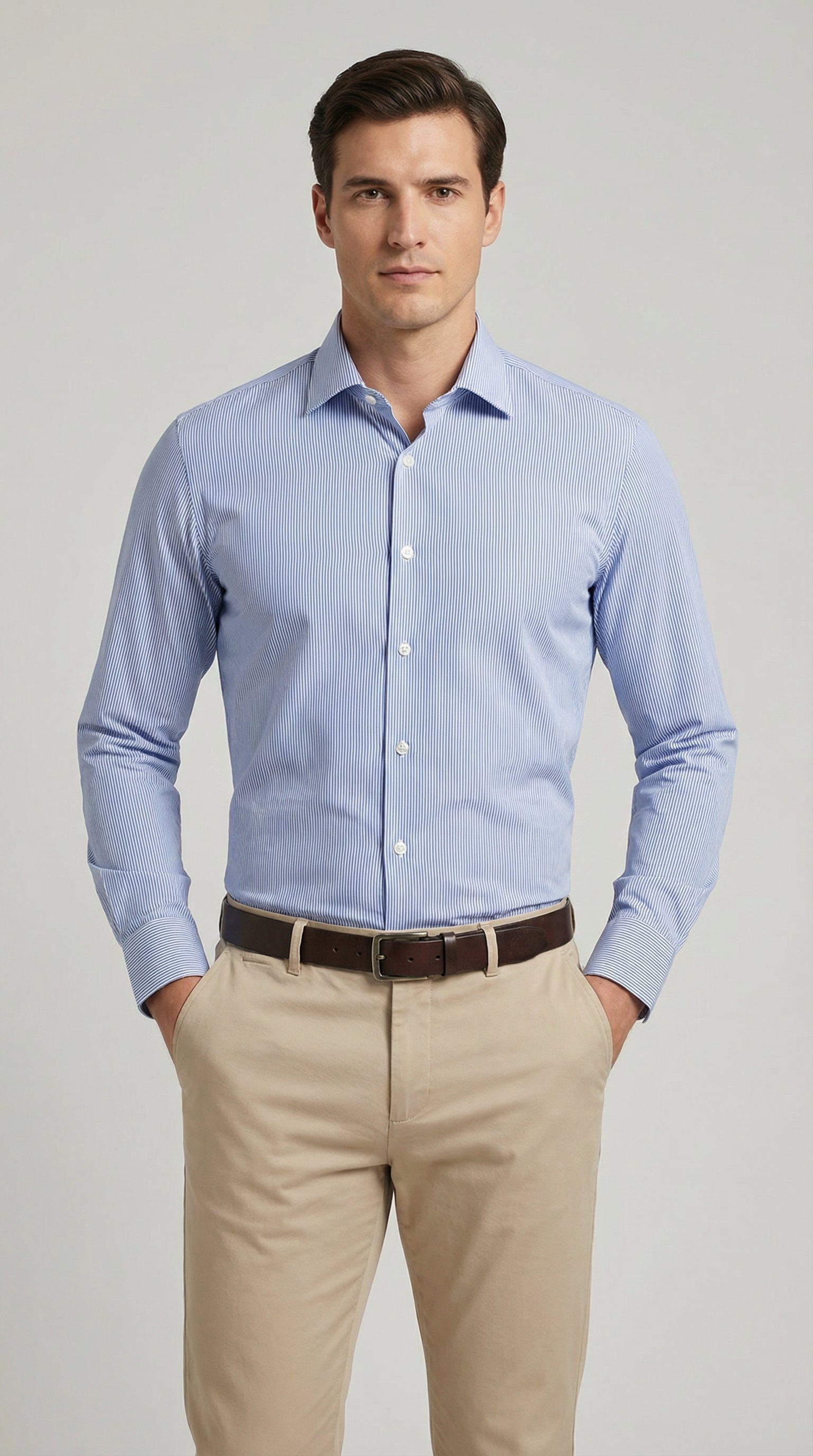 Camicia Uomo 1 Bottone Francese Cotone Riga Stretta NoIron Antimacchia