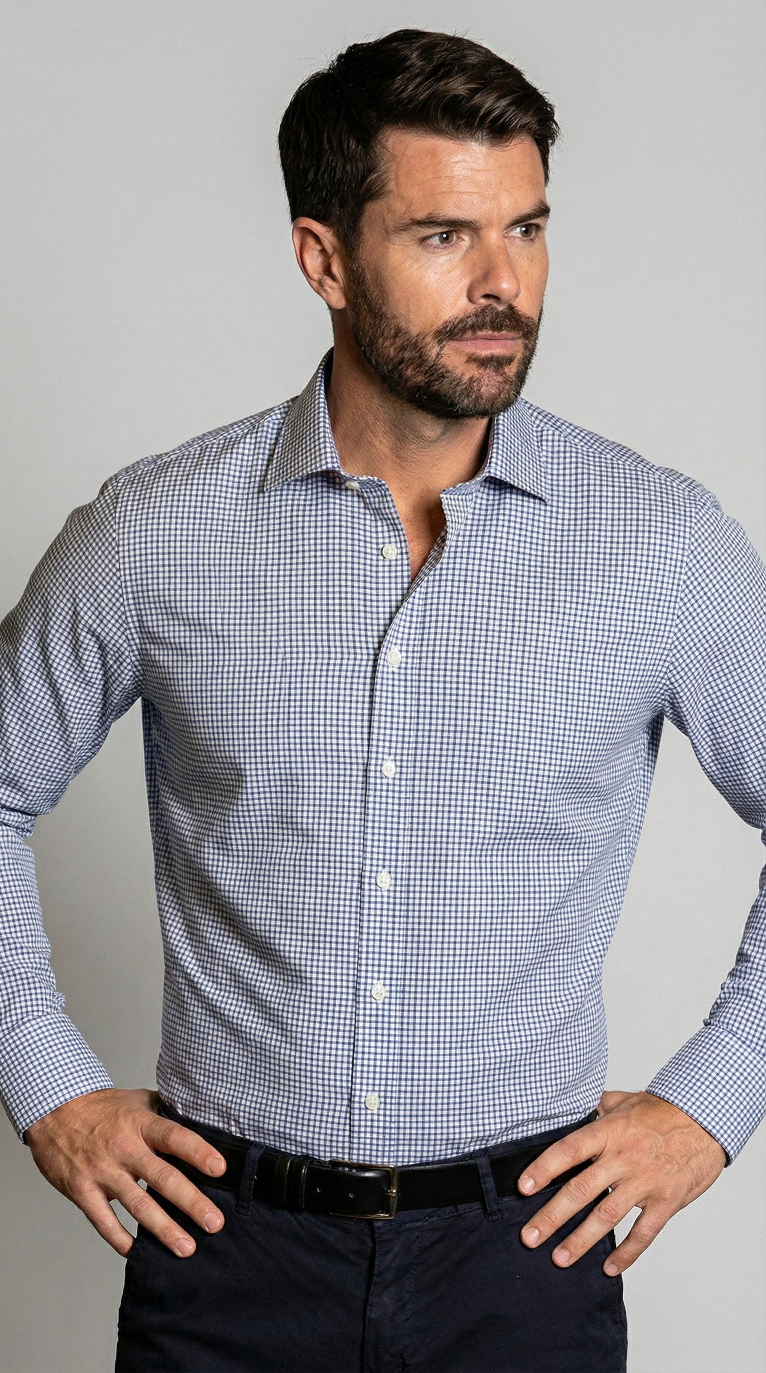Camicia Uomo 1 Bottone Francese Cotone Quadro Piccolo NoIron Antimacchia