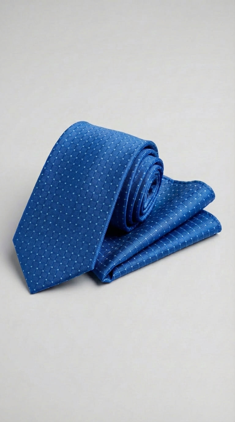 Cravatta Con Pochette Fantasia Disegno Puntino Bluette e Verde Chiaro