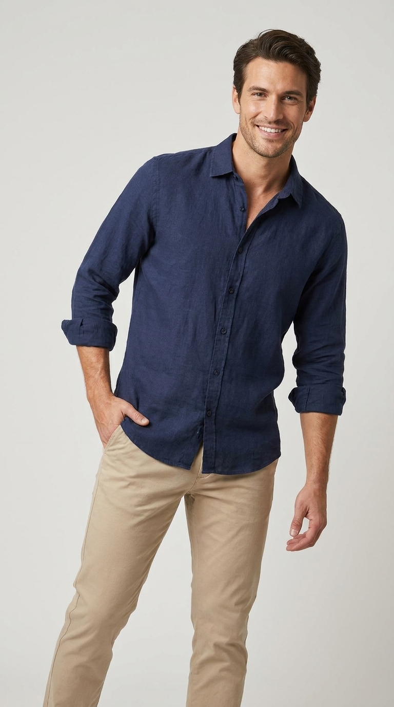 Camicia Uomo 1 Bottone Collo Morbido Lino Unito