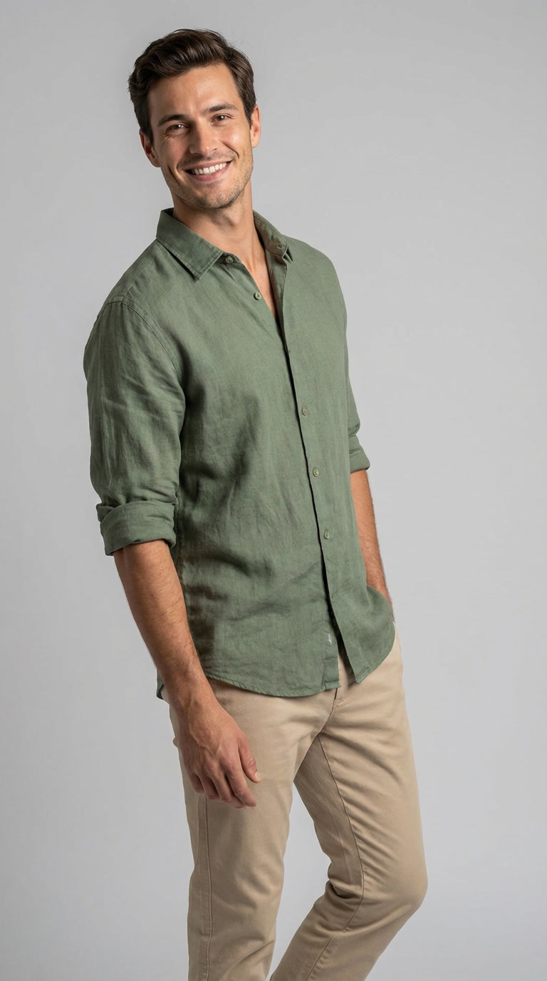 Camicia Uomo 1 Bottone Collo Morbido Lino Unito