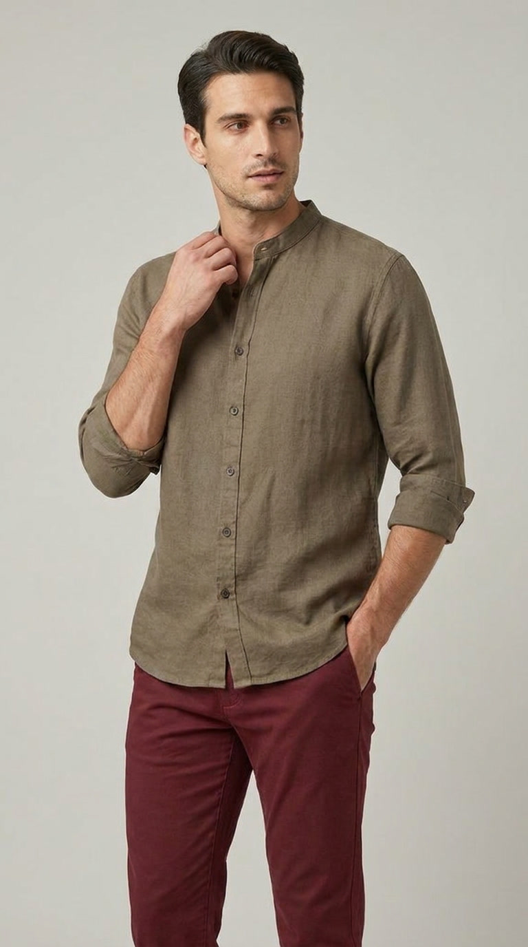 Camicia Uomo Collo Coreano Slim Lino Unito