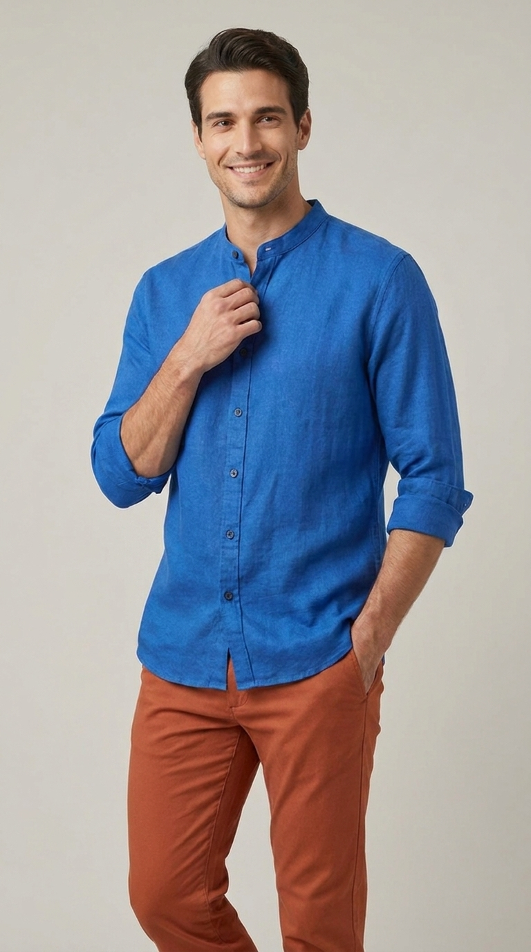 Camicia Uomo Collo Coreano Slim Lino Unito