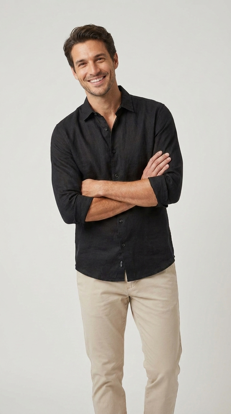 Camicia Uomo 1 Bottone Collo Morbido Lino Unito