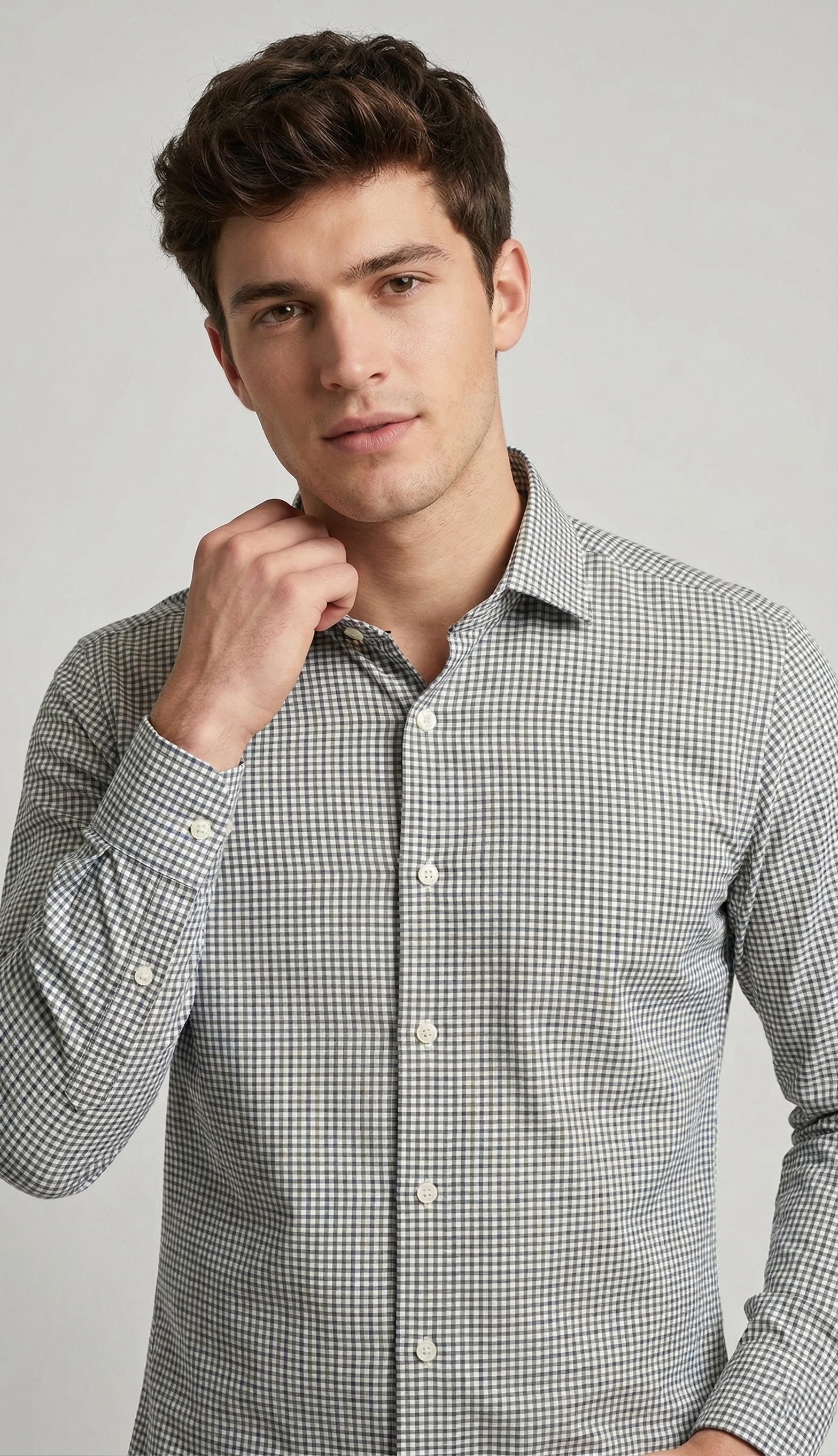 Camicia Uomo 1 Bottone Francese Cotone Quadro Piccolo NoIron Antimacchia