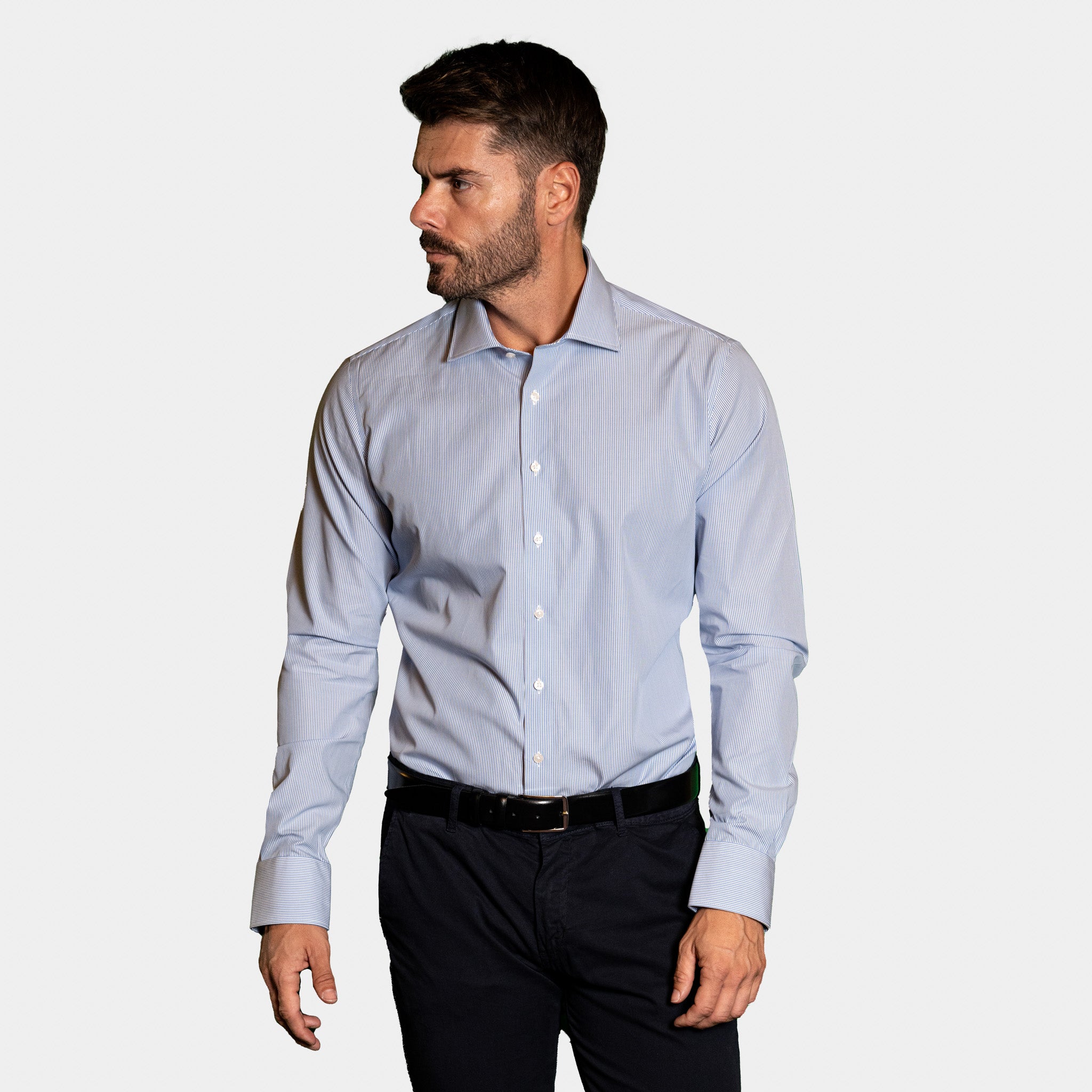 Camicia Uomo 1 Bottone Francese Cotone Riga Media NoIron Antimacchia
