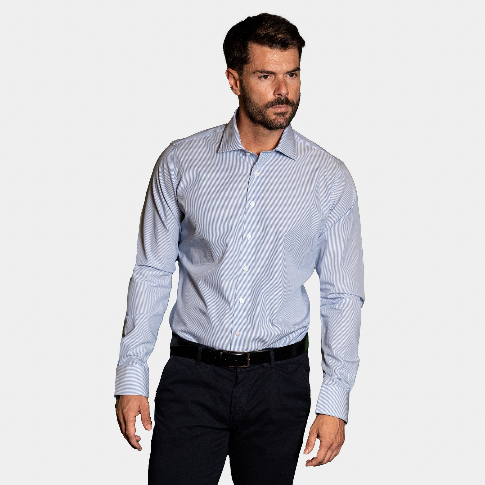 Camicia Uomo 1 Bottone Francese Cotone Riga Media NoIron Antimacchia