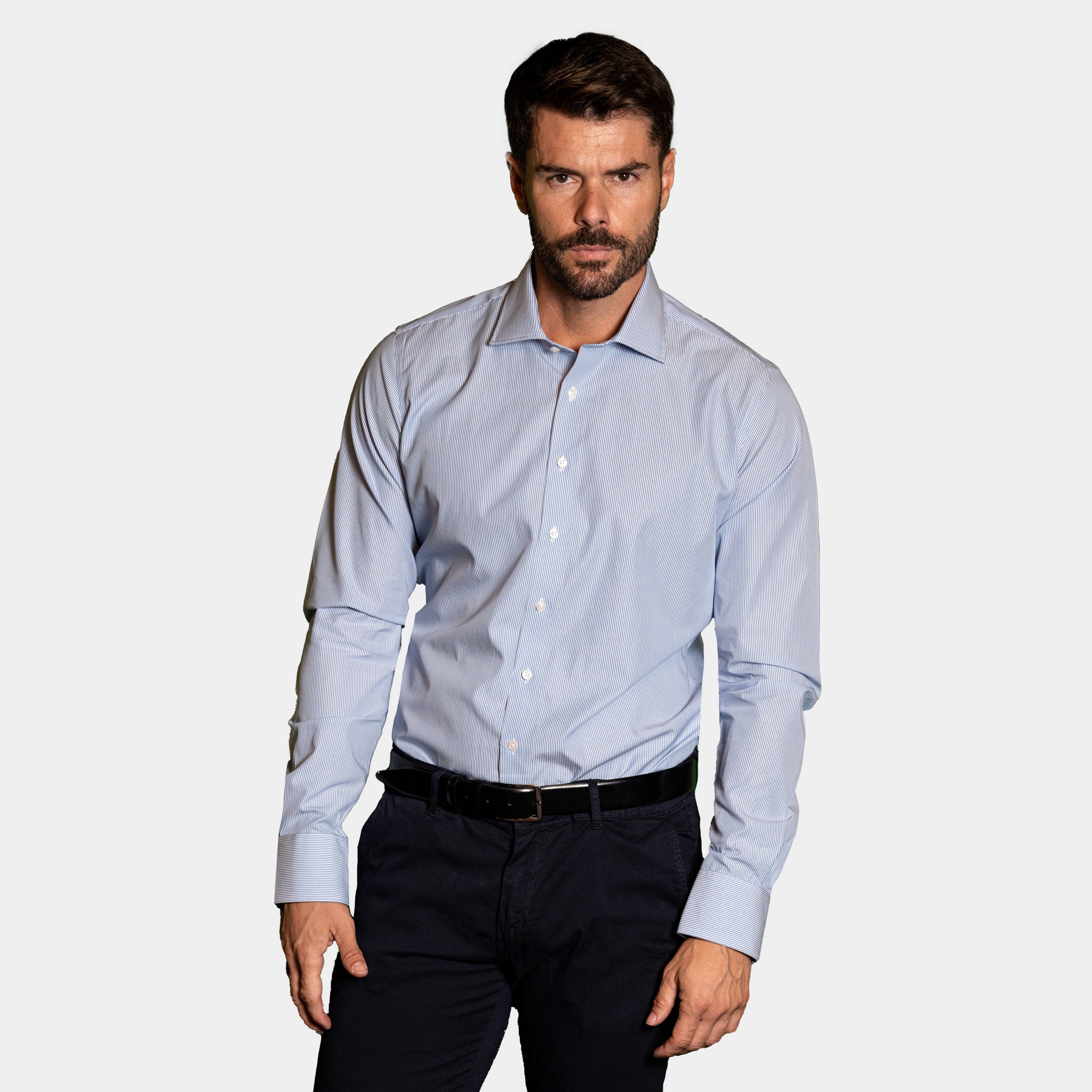 Camicia Uomo 1 Bottone Francese Cotone Riga Media NoIron Antimacchia