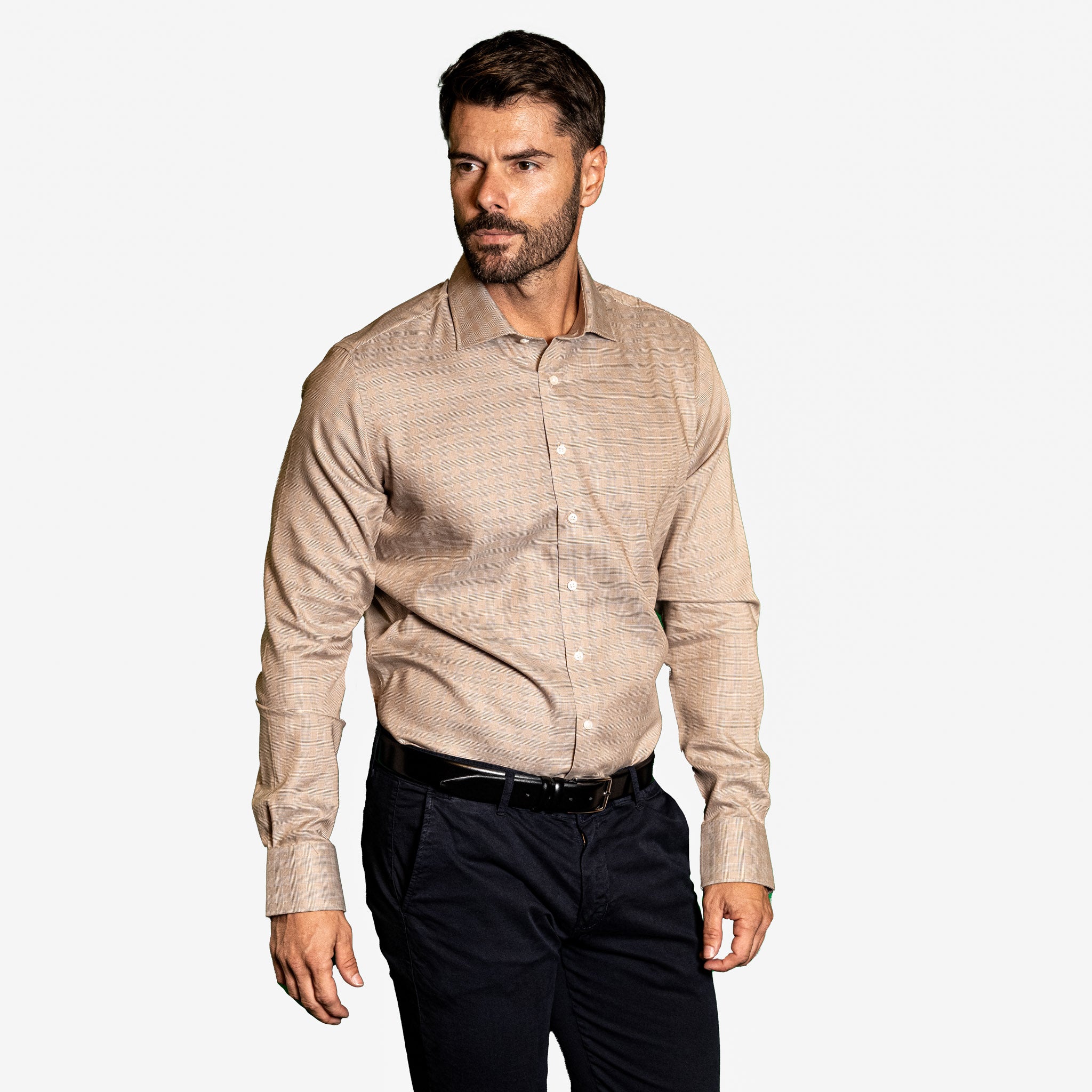 Camicia Uomo 1 Bottone Francese Cotone Pied de Poule NoIron Antimacchia