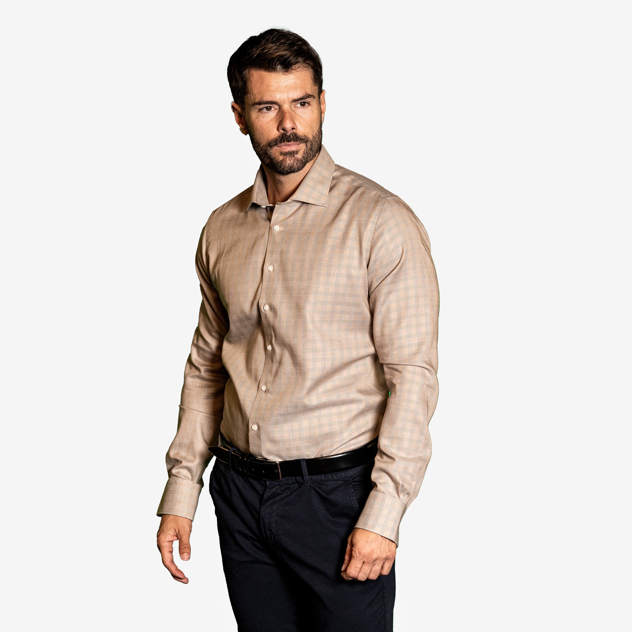 Camicia Uomo 1 Bottone Francese Cotone Pied de Poule NoIron Antimacchia