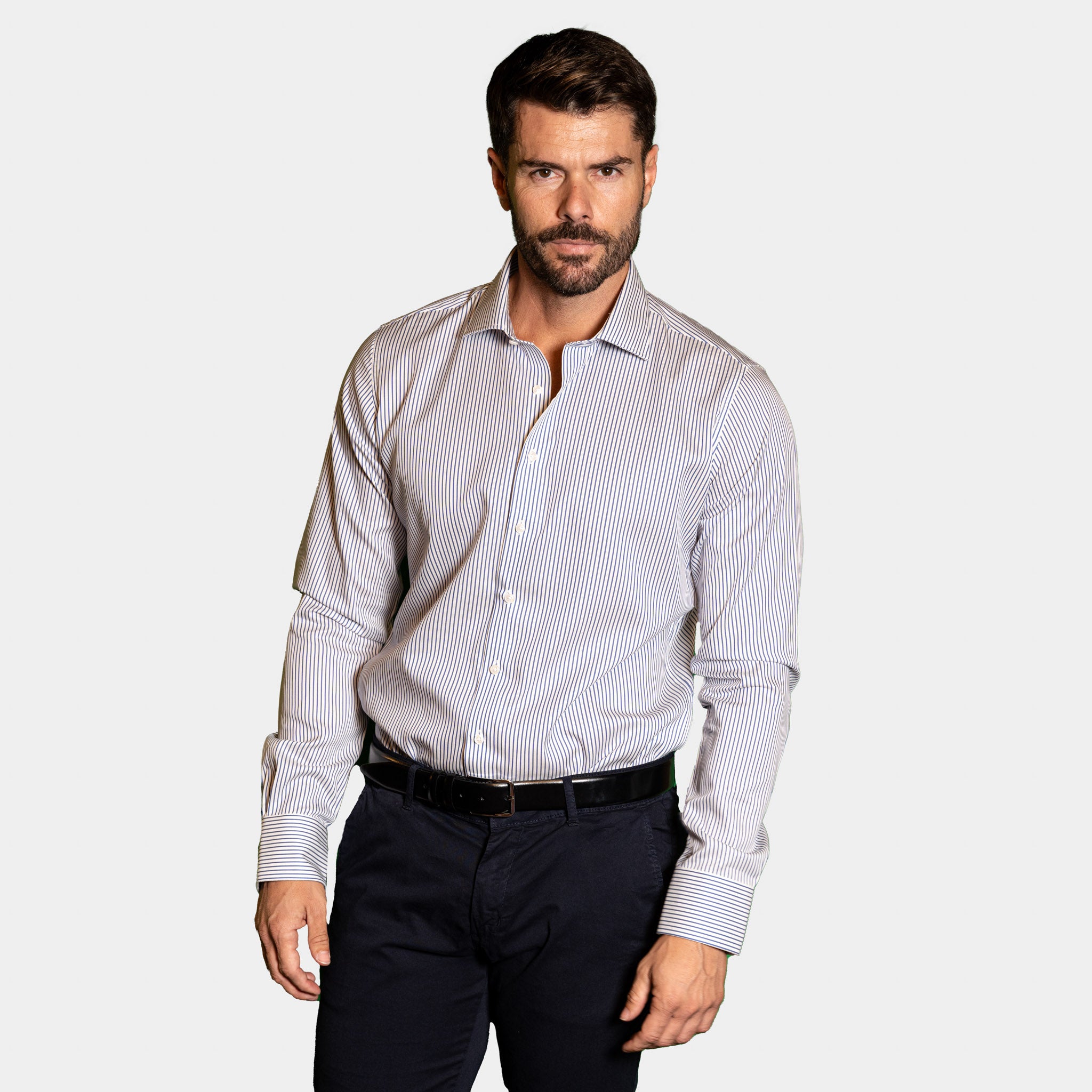 Camicia Uomo 1 Bottone Francese Cotone Riga Larga NoIron Antimacchia