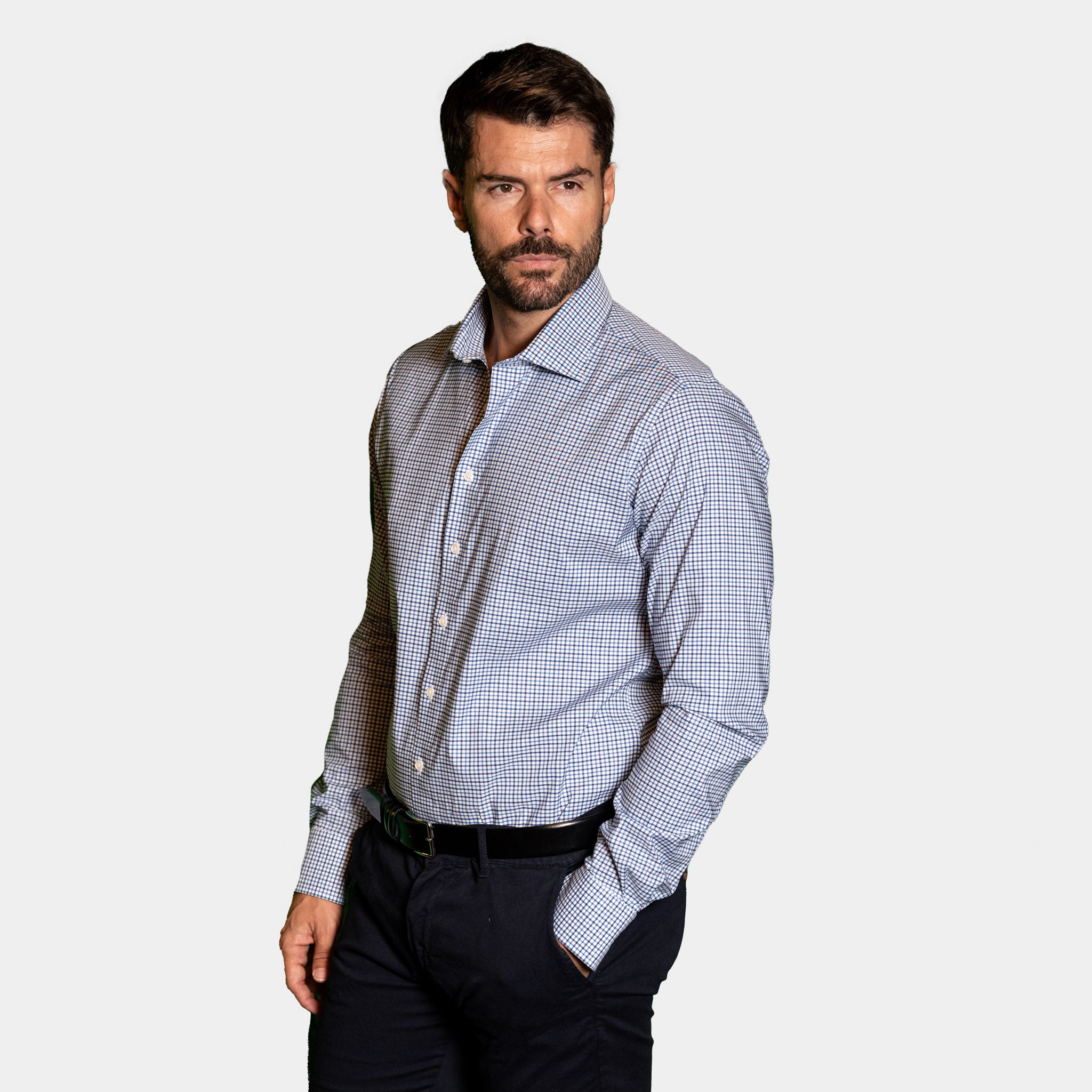 Camicia Uomo 1 Bottone Francese Cotone Quadro Piccolo NoIron Antimacchia
