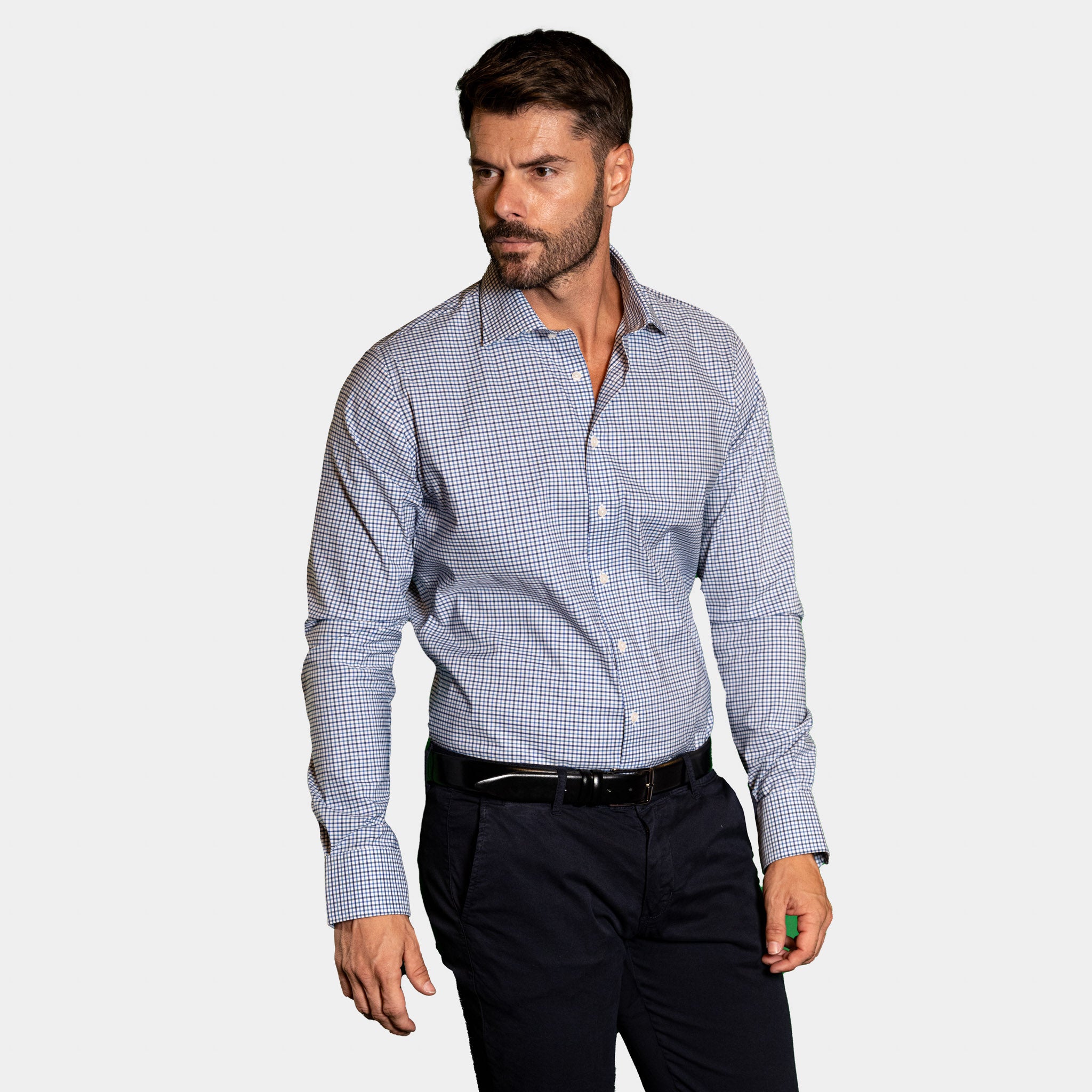 Camicia Uomo 1 Bottone Francese Cotone Quadro Piccolo NoIron Antimacchia