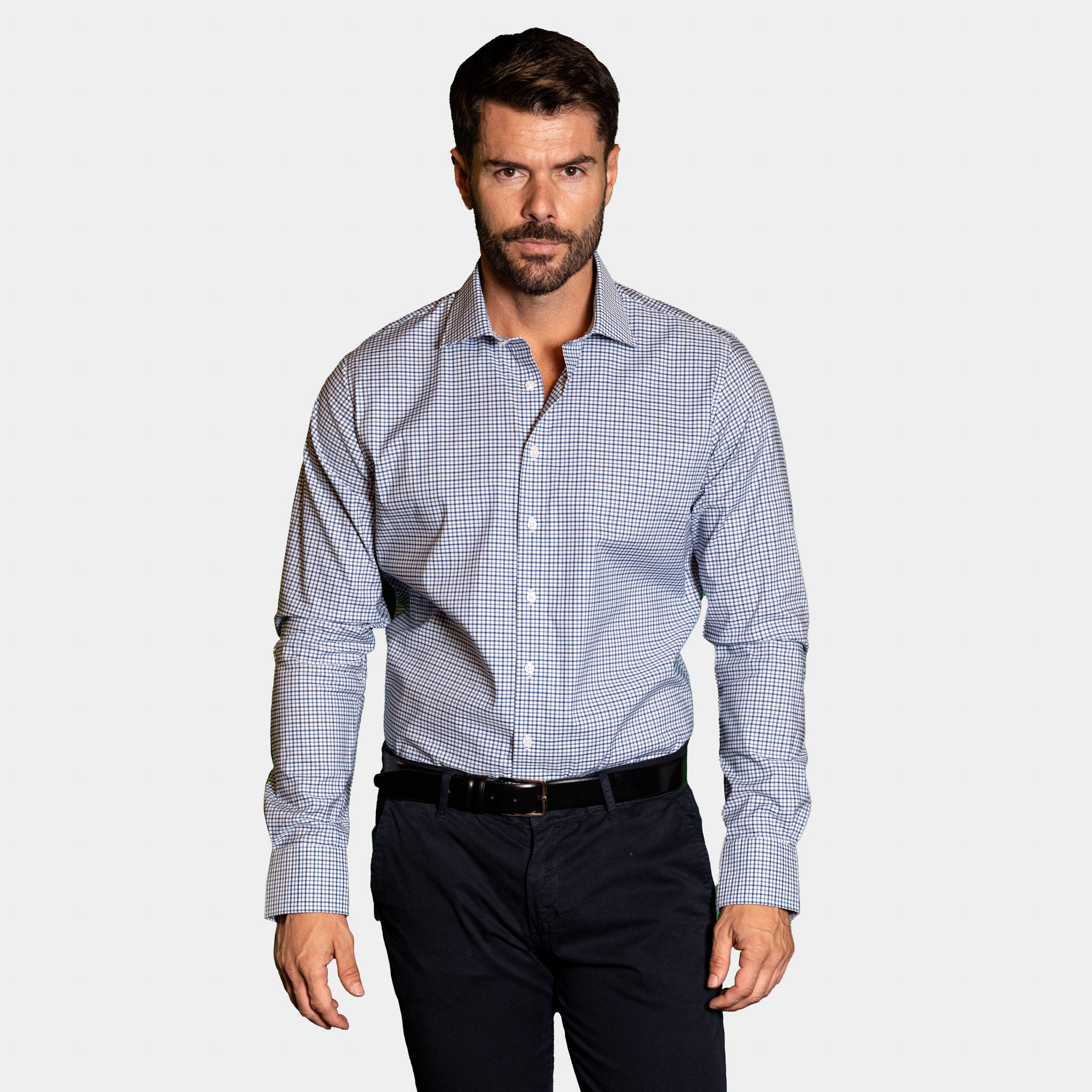 Camicia Uomo 1 Bottone Francese Cotone Quadro Piccolo NoIron Antimacchia