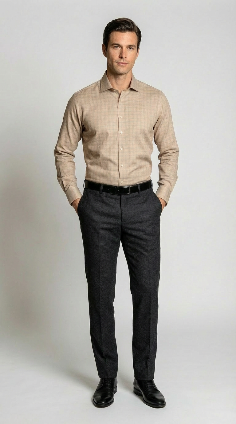 Camicia Uomo 1 Bottone Francese Cotone Pied de Poule NoIron Antimacchia
