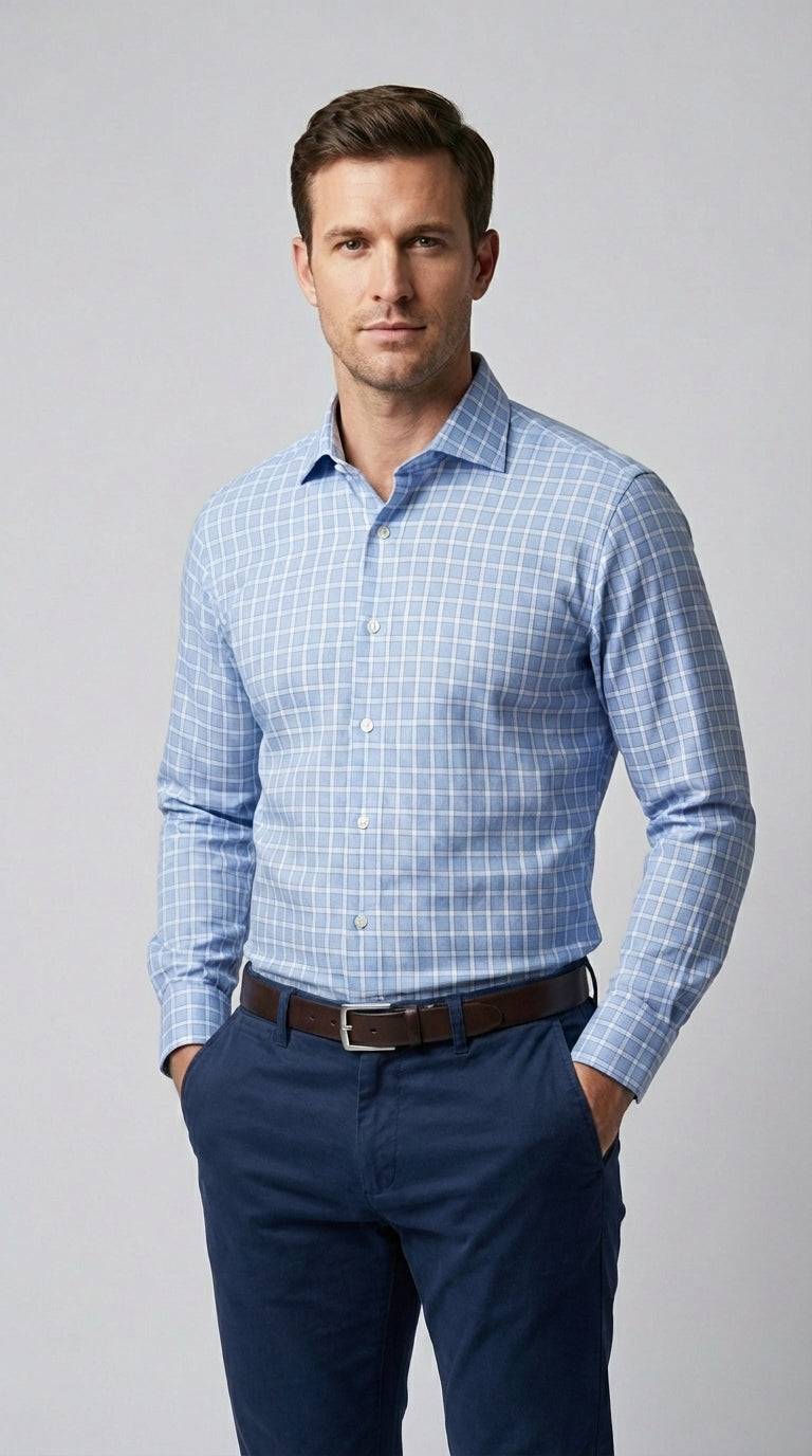 Camicia Uomo 1 Bottone Francese Cotone Quadro Grande NoIron Antimacchia