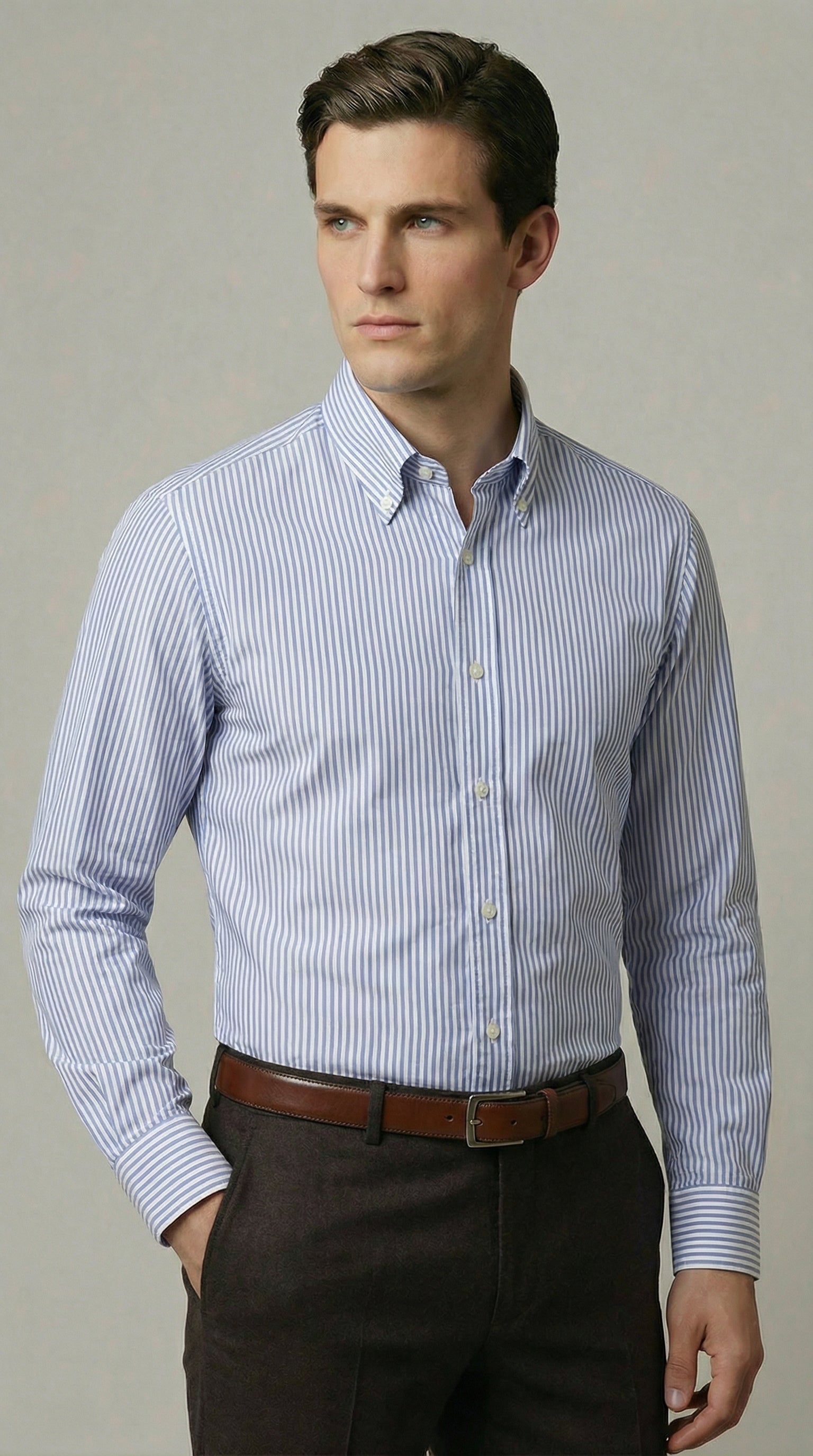 Camicia Uomo 1 Bottone Button Down Twill No Iron Bianco/Celeste