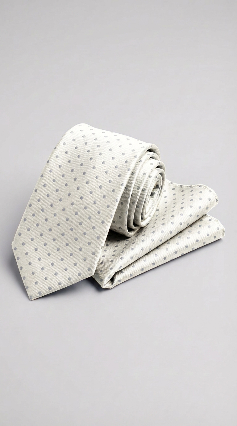 Cravatta Con Pochette Fantasia Pois Panna/Grigio Chiaro