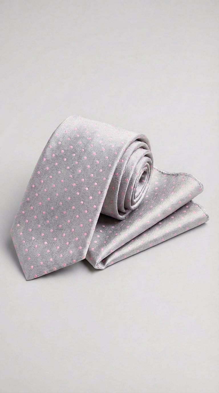 Cravatta Con Pochette Fantasia Pois Grigio Chiaro/Rosa