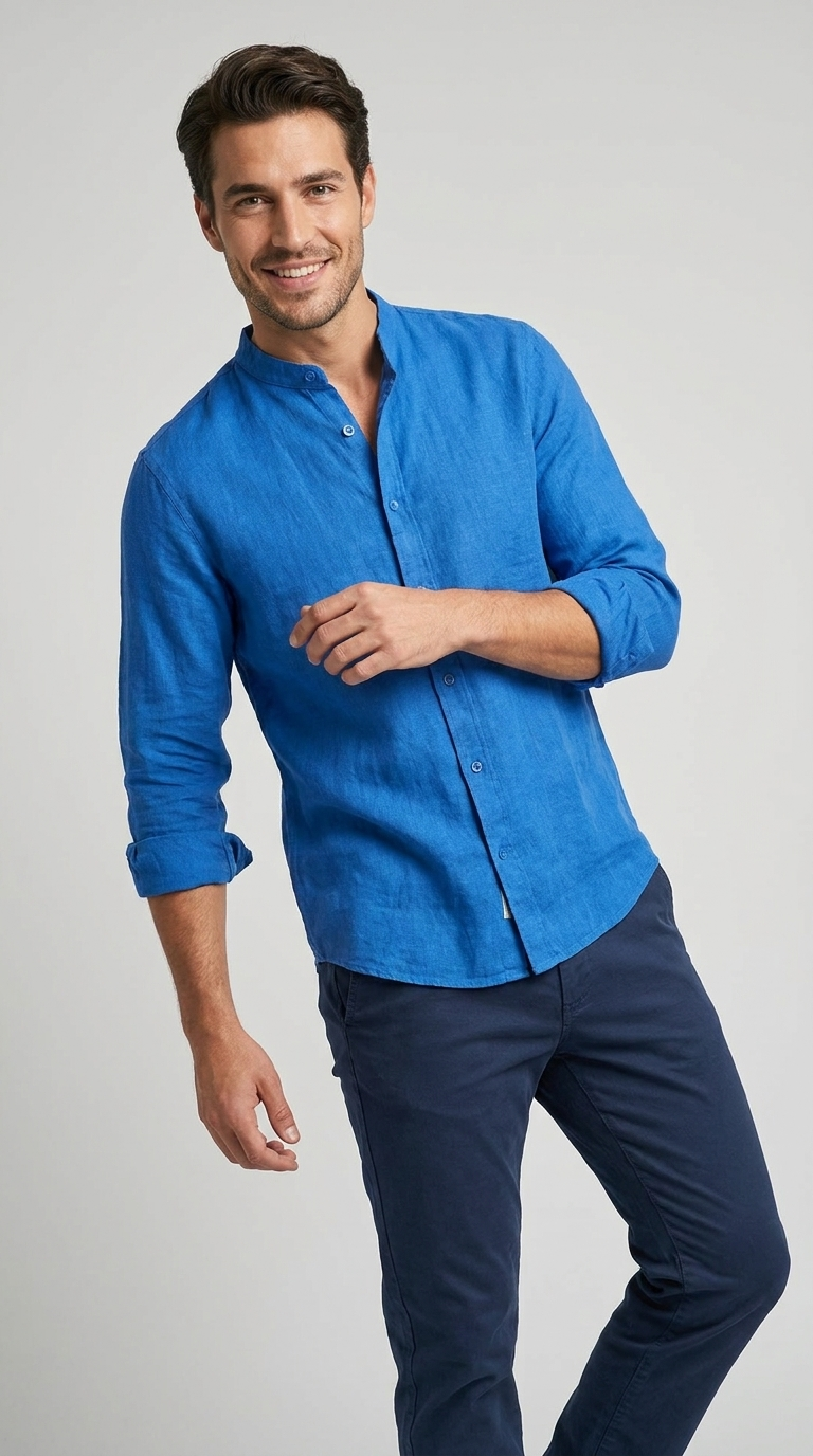 Camicia Uomo Collo Coreano Slim Lino Unito