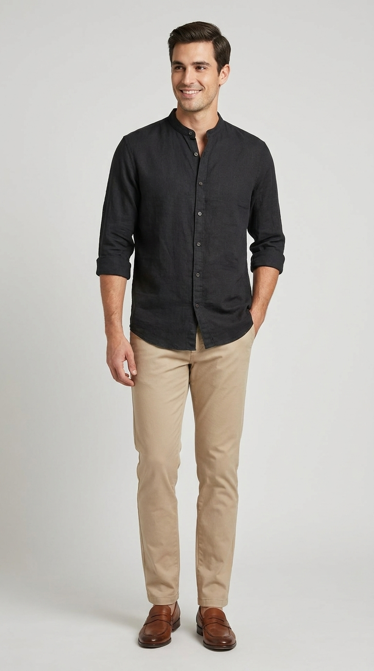 Camicia Uomo Collo Coreano Slim Lino Unito