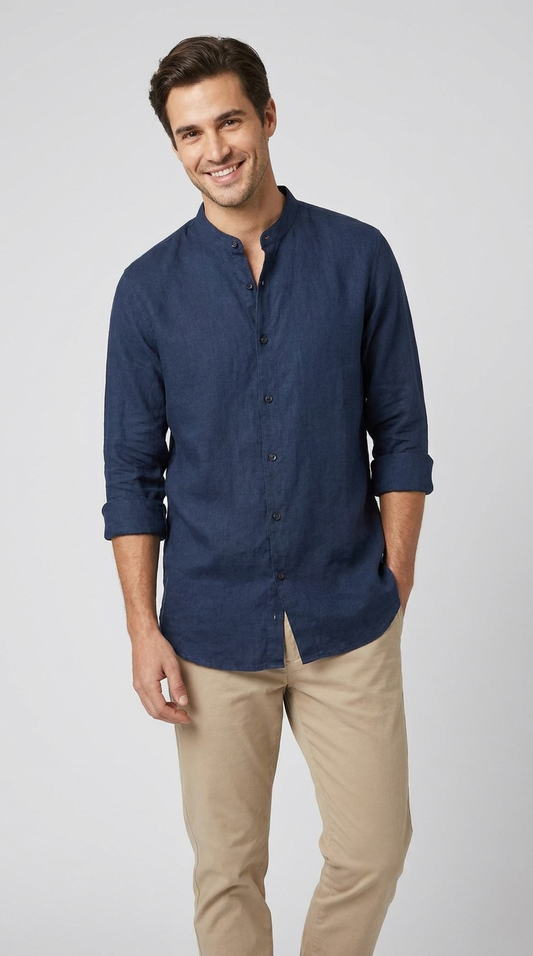 Camicia Uomo Collo Coreano Slim Lino Unito