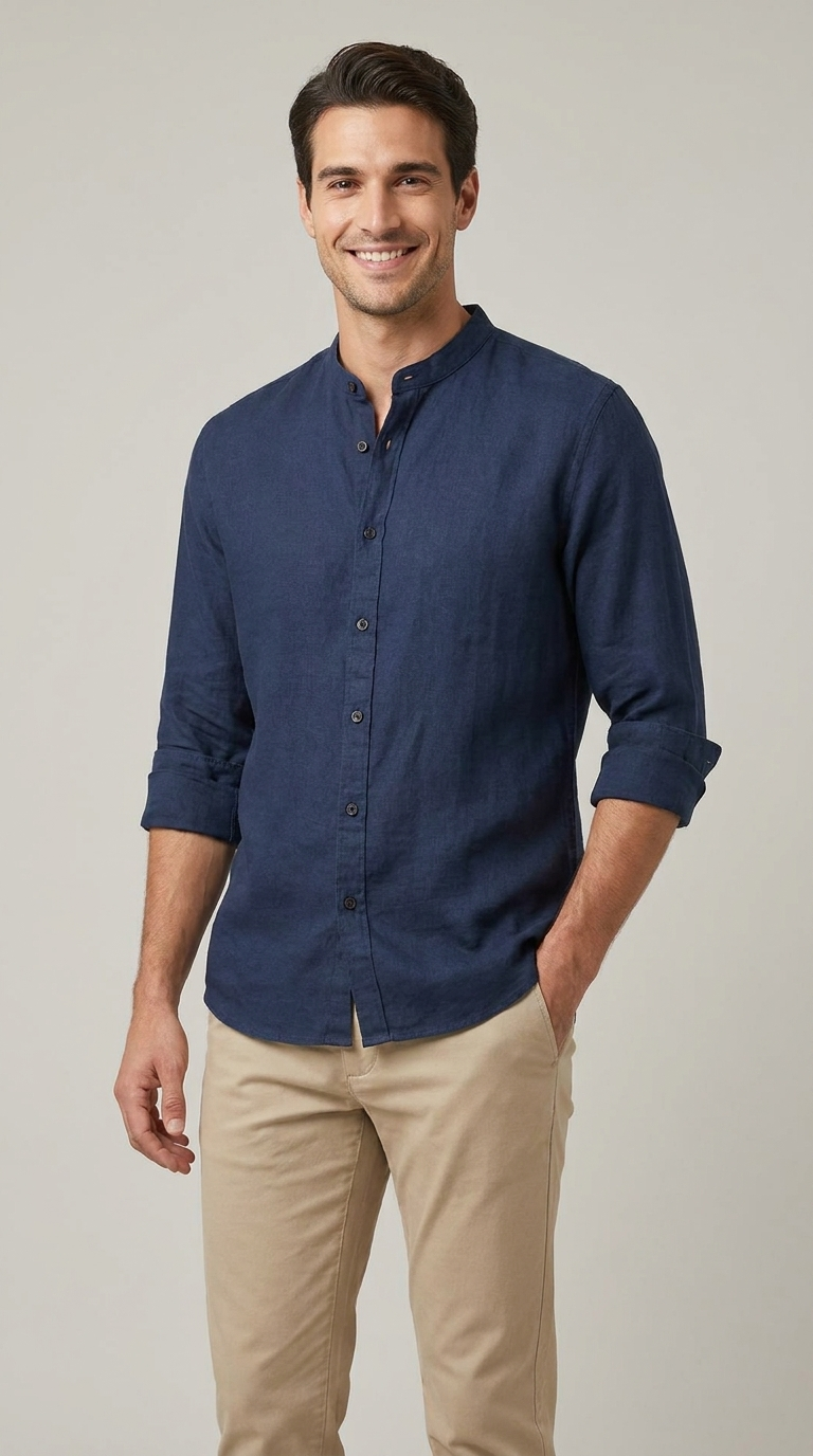 Camicia Uomo Collo Coreano Slim Lino Unito