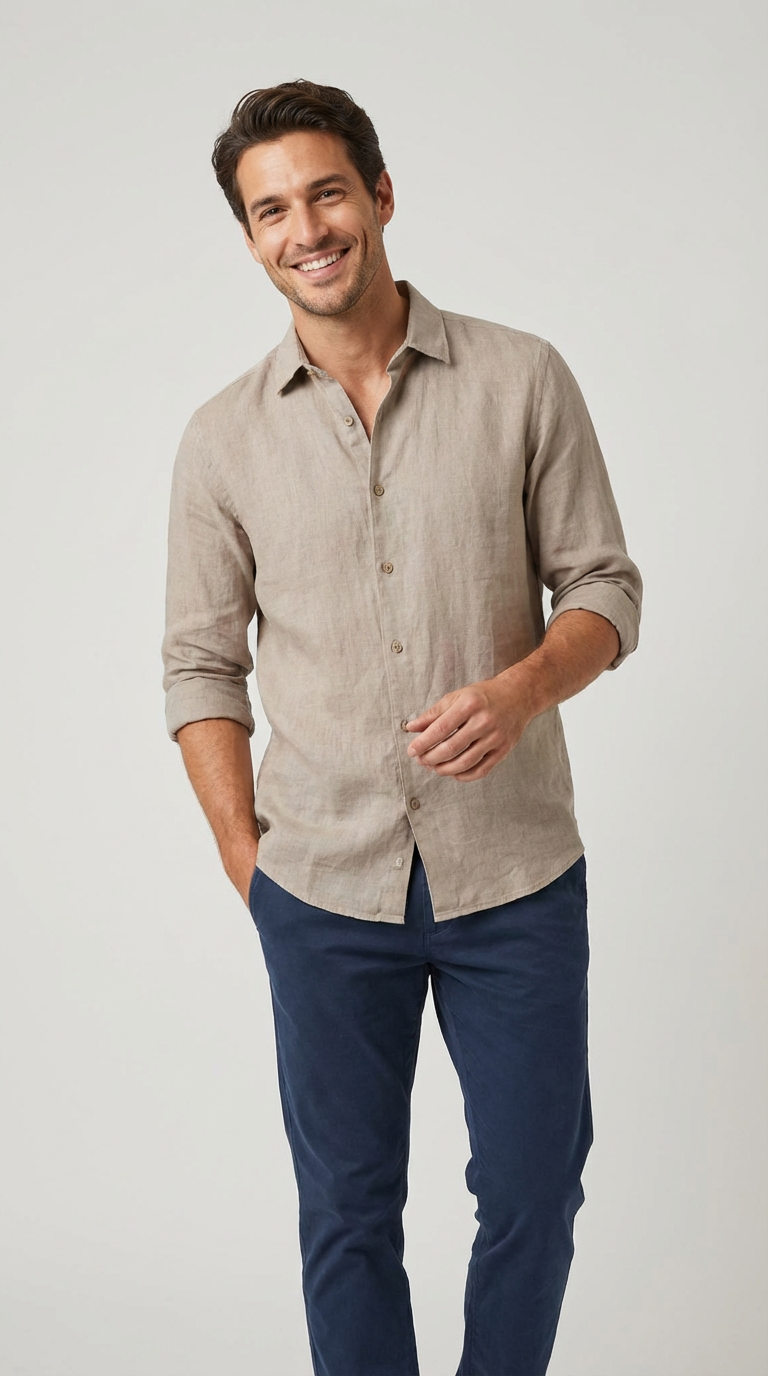 Camicia Uomo 1 Bottone Collo Morbido Lino Unito
