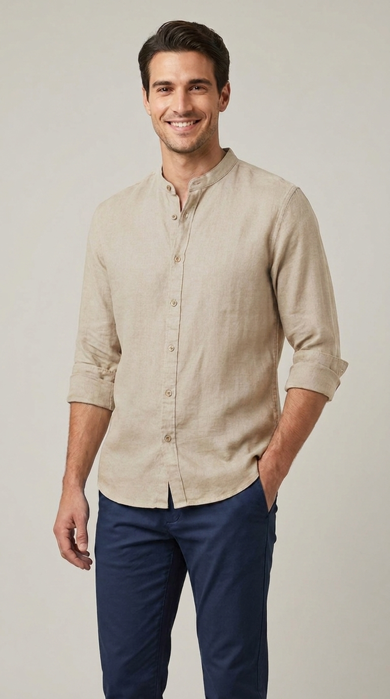 Camicia Uomo Collo Coreano Slim Lino Unito