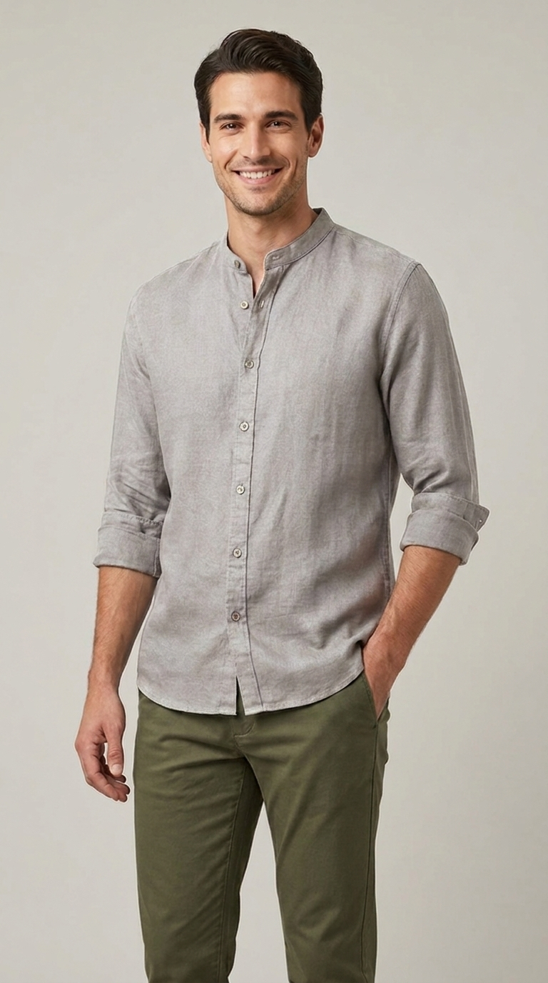 Camicia Uomo Collo Coreano Slim Lino Unito