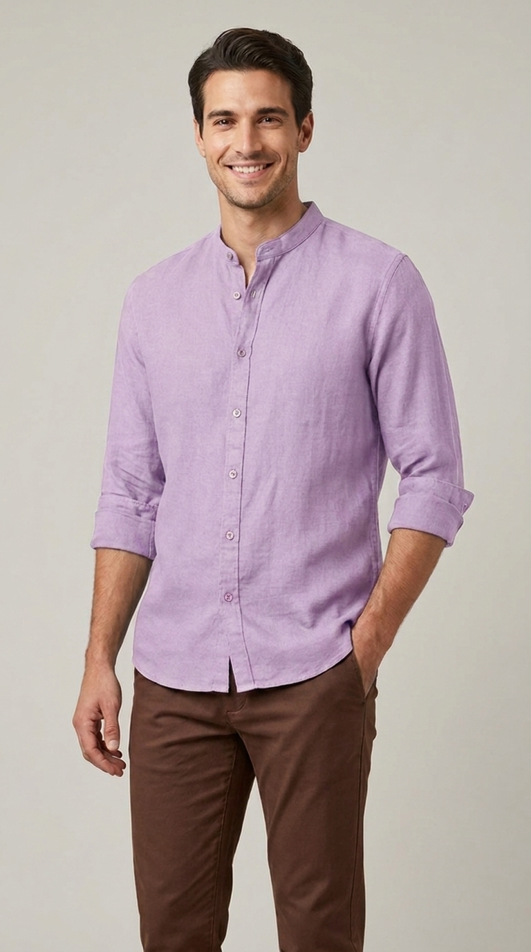 Camicia Uomo Collo Coreano Slim Lino Unito