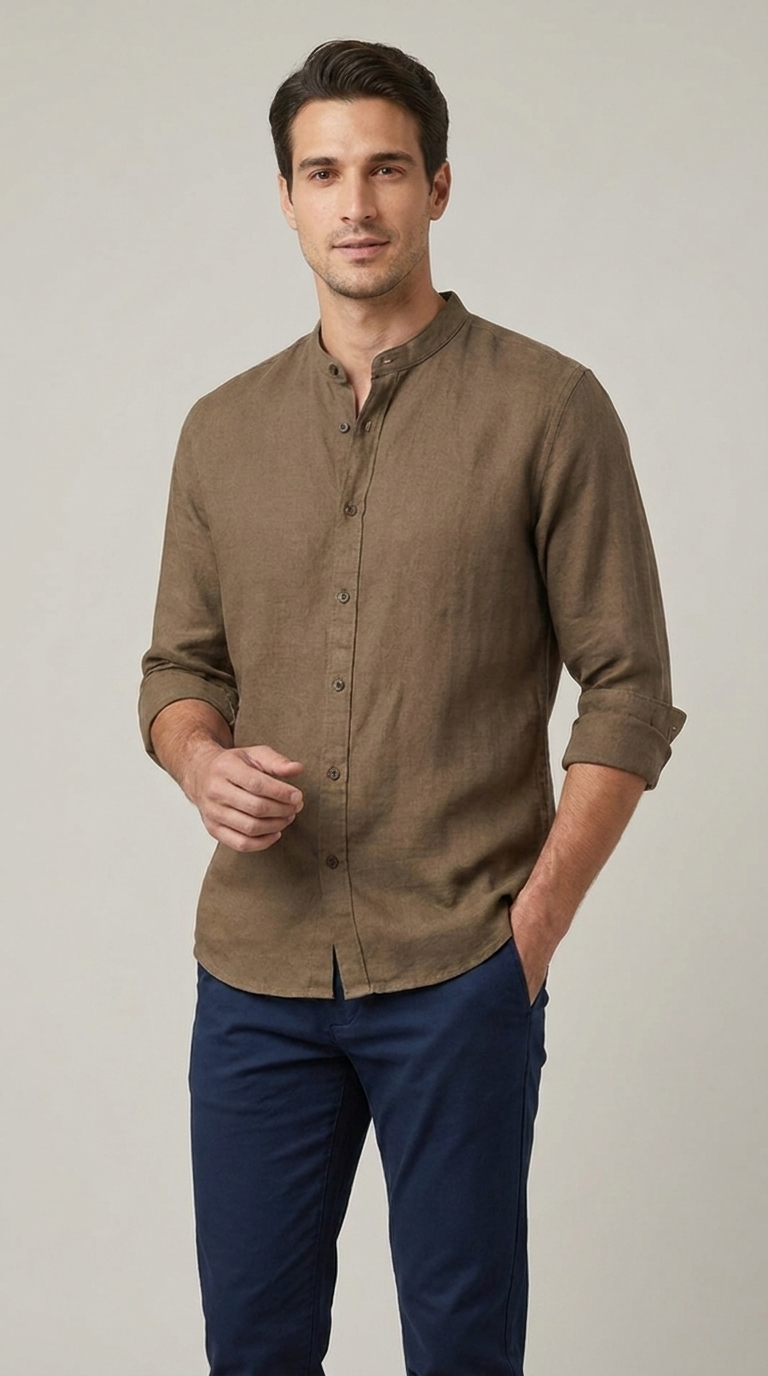 Camicia Uomo Collo Coreano Slim Lino Unito