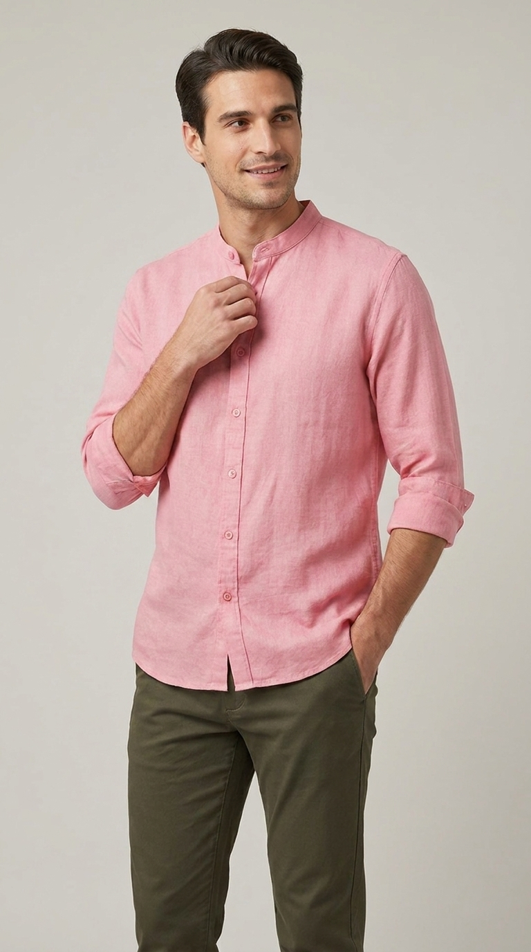 Camicia Uomo Collo Coreano Slim Lino Unito
