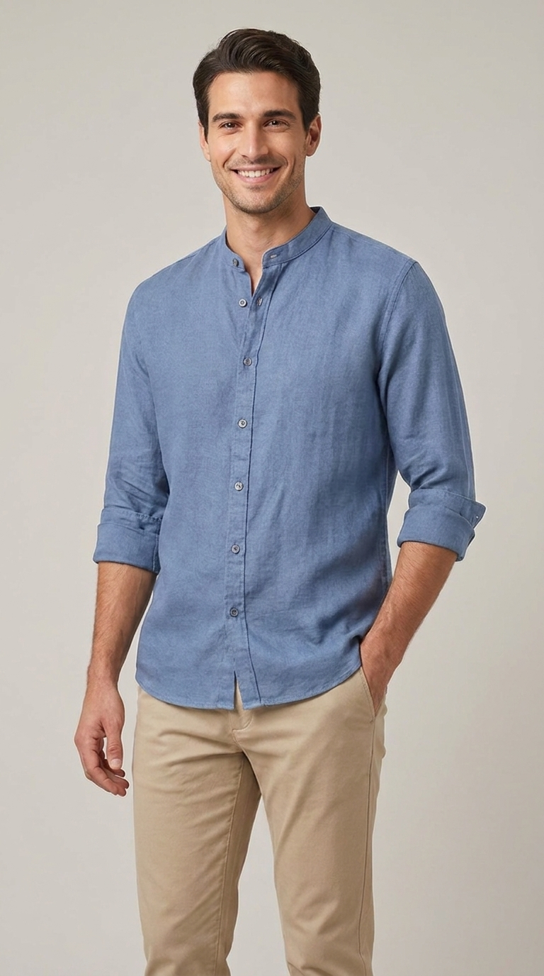 Camicia Uomo Collo Coreano Slim Lino Unito