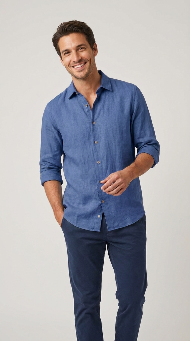 Camicia Uomo 1 Bottone Collo Morbido Lino Unito