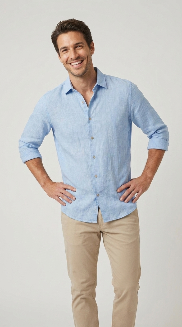 Camicia Uomo 1 Bottone Collo Morbido Lino Unito
