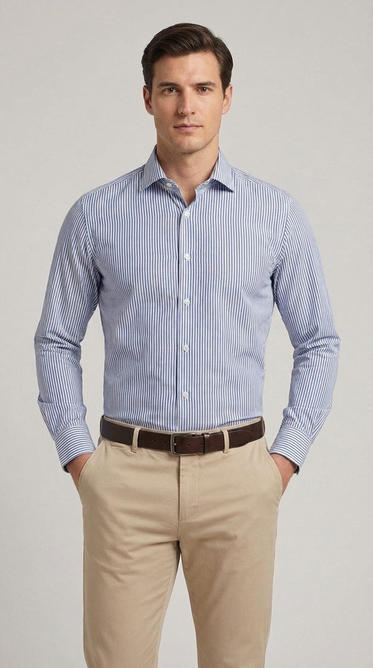 Camicia Uomo 1 Bottone Francese Cotone Riga Stretta NoIron Antimacchia